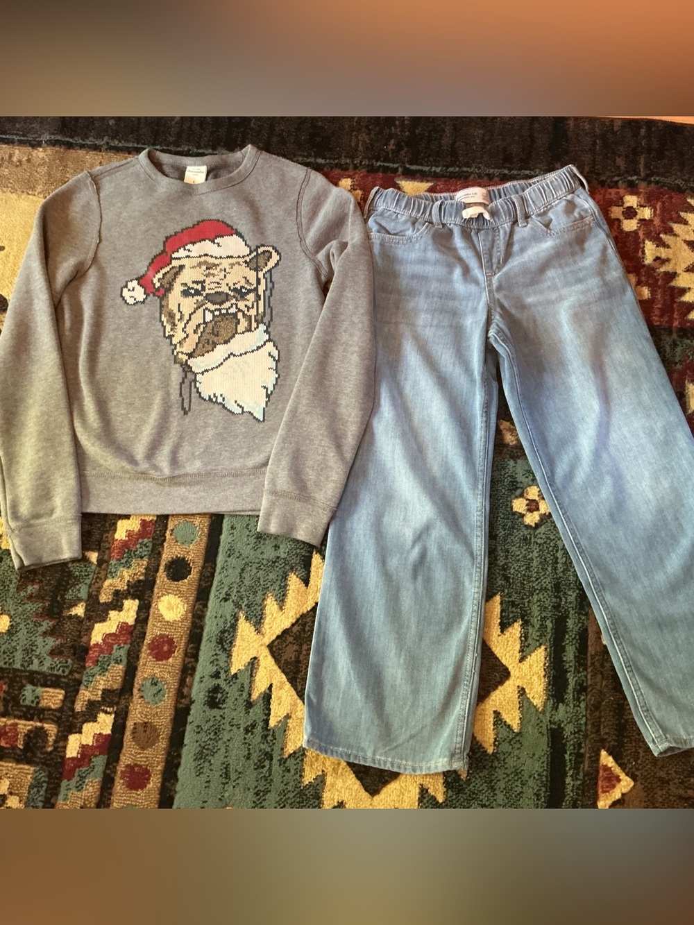 Abercrombie Sweatpants Jeans and English Bulldog Christmas Sweatshirt
